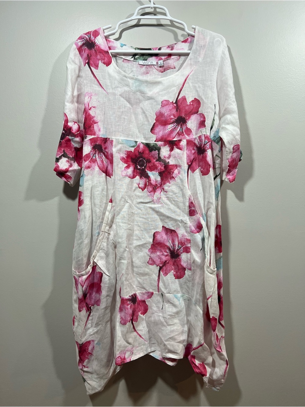 Vasna White Linen-Blend Dress with Pink Floral Print Medium